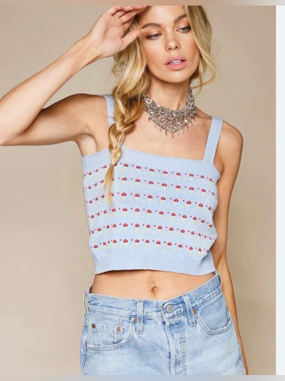 421 🆕 : Mimosa Knit Crop Tank Blue Floral Size S | 13 P2P